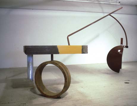 Present Sense,{view 2}, 90 X 144 X 98 Polychrome Oiled and Galvanized Steel Copyright, &copy; A Fauteux 2002, all rights reserved Andre Fauteux, Sable-Castelli Gallery Exhibition, &copy;2003, sculpture