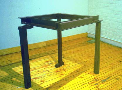 The Card Players 34 X 29 X33 Tinted Lacquer on Steel and Raw Steel Copyright, &copy; A Fauteux 2002, all rights reserved Andre Fauteux, Sable-Castelli Gallery Exhibition, &copy;2003, sculpture